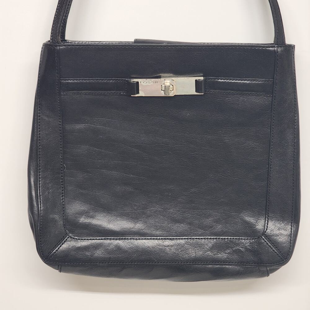 Fossil 1954 Black Leather Handbag Purse Key Turn Lock Snap & Zip Pockets 12"